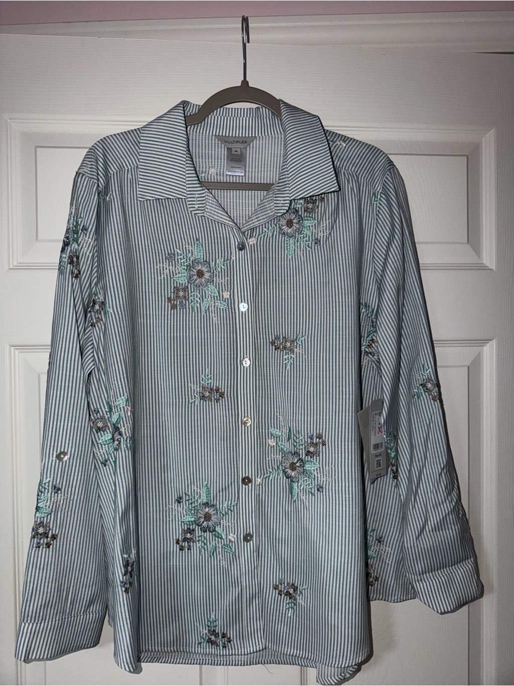 Multiples Blue And White Striped Button-Down Shirt With Floral Accent